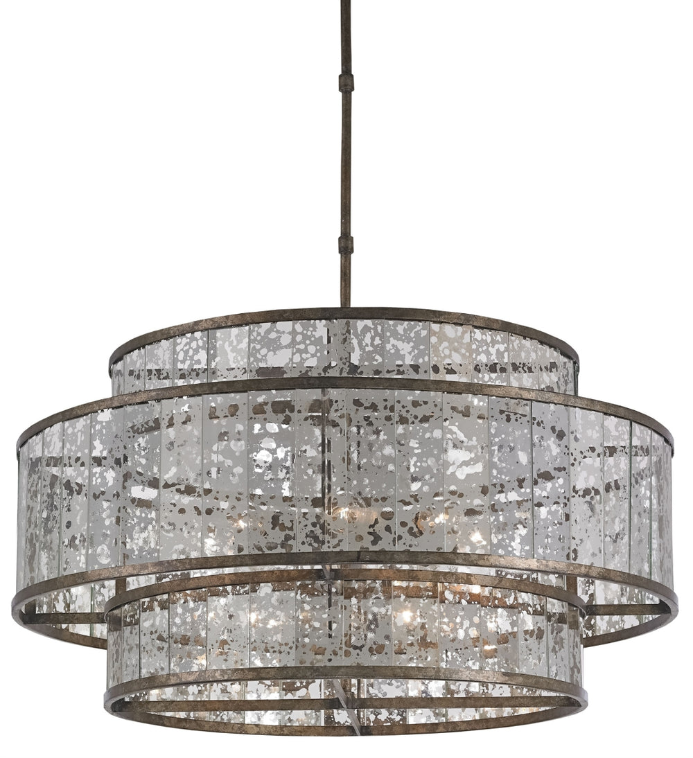 Fantine Large Chandelier – Pyrite Bronze & Raj Mirror Design, Adjustable Height, 8 Light Fixture