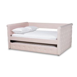 Baxton Studio Amaya Modern and Contemporary Light Pink Velvet Fabric Upholstered Full Size Daybed with Trundle