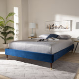 Baxton Studio Volden Glam and Luxe Navy Blue Velvet Fabric Upholstered Full Size Wood Platform Bed Frame with Gold-Tone Leg Tips