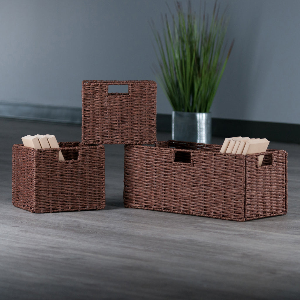 Tessa 3-Piece Woven Rope Basket Set, Foldable, Walnut – English Elm