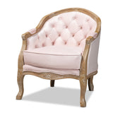 Genevieve Traditional French Provincial Light Pink Velvet Upholstered White-Washed Oak Wood Armchair