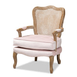 Vallea Traditional French Provincial Velvet Fabric Upholstered White Washed Wood Armchair