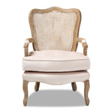 Baxton Studio Vallea Traditional French Provincial Light Beige Velvet Fabric Upholstered White-Washed Oak Wood Armchair