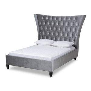 Baxton Studio Viola Glam and Luxe Grey Velvet Fabric Upholstered and Button Tufted King Size Platform Bed with Tall Wingback Headboard