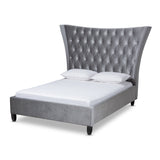 Viola Glam and Luxe Grey Velvet Fabric Upholstered and Button Tufted King Size Platform Bed with Tall Wingback Headboard