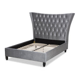 Baxton Studio Viola Glam and Luxe Grey Velvet Fabric Upholstered and Button Tufted Queen Size Platform Bed with Tall Wingback Headboard