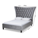 Baxton Studio Viola Glam and Luxe Grey Velvet Fabric Upholstered and Button Tufted Queen Size Platform Bed with Tall Wingback Headboard