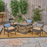 Cordoba Patio Fire Pit Set, 4-Seater with Club Chairs, Wicker with Outdoor Cushions, Brown, Tan, Stone Finish Noble House