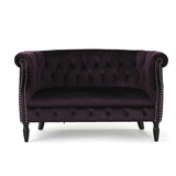 Milani Tufted Chesterfield Velvet Loveseat with Scrolled Arms, Blackberry and Dark Brown Noble House