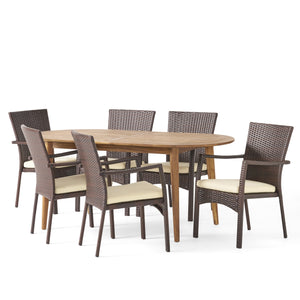 Stamford Outdoor 7-Piece Acacia Wood  Dining Set with Wicker Chairs, Teak Finish And Brown and Cream Noble House