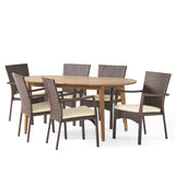 Stamford Outdoor 7-Piece Acacia Wood Dining Set with Wicker Chairs