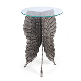 Joni Boho Glam Handcrafted Aluminum Fairy Wing Accent Table with Glass Top, Antique Nickel
