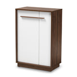 Mette Mid-Century Modern Two-Tone White and Walnut Finished 5-Shelf Wood Entryway Shoe Cabinet