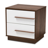 Mette Mid-Century Modern Two-Tone White and Walnut Finished 2-Drawer Wood Nightstand