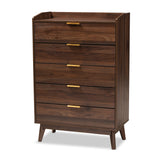 Lena Mid-Century Modern Walnut Brown Finished 5-Drawer Wood Chest