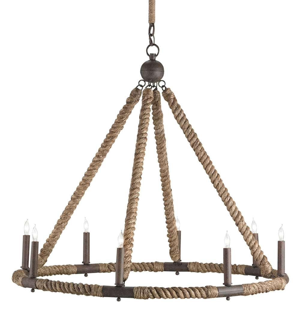 Bowline Chandelier - Nautical Eight-Light Fixture Wrapped in Natural Jute with Adjustable Height Design