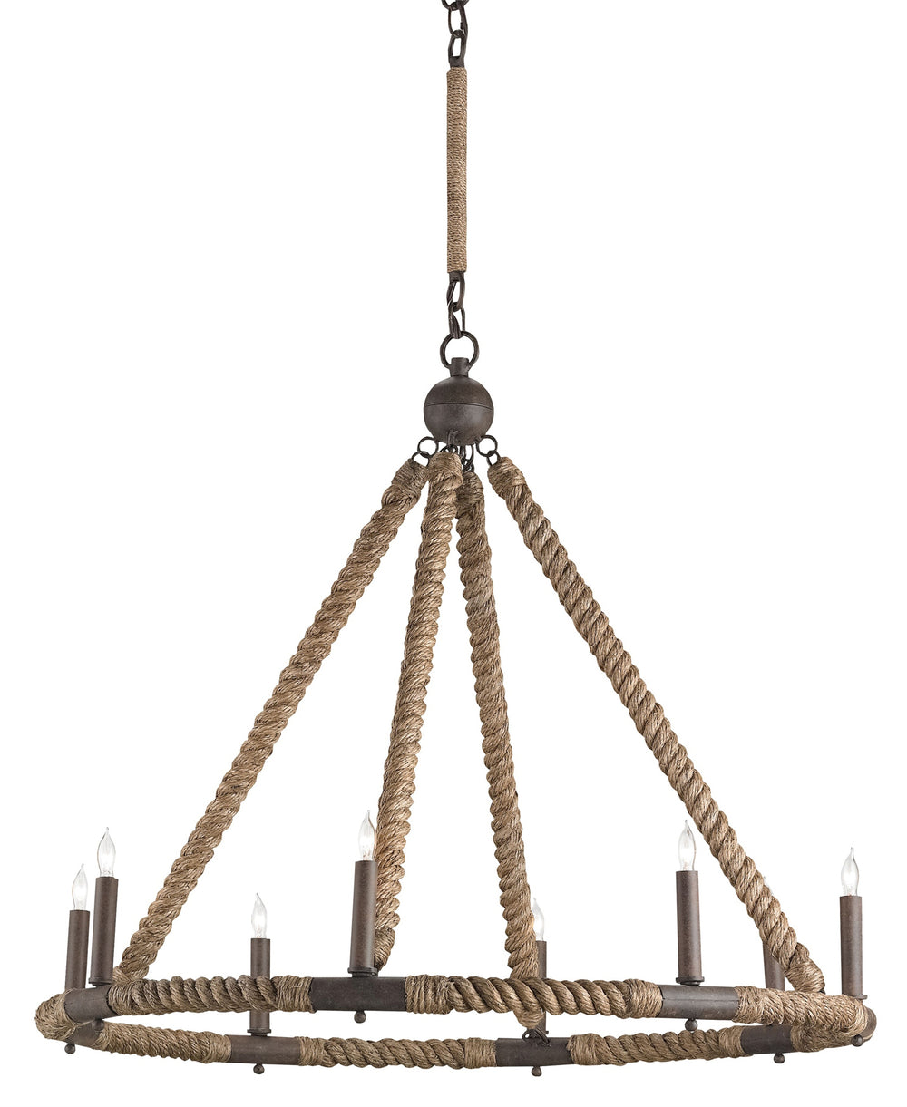 Bowline Chandelier - Nautical Eight-Light Fixture Wrapped in Natural Jute with Adjustable Height Design