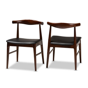Baxton Studio Eira Mid-Century Modern Black Faux Leather Upholstered Walnut Finished Wood Dining Chair Set of 2