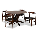 Berlin Mid-Century Modern Black Faux Leather Upholstered Walnut Finished 5-Piece Wood Dining Set