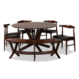 Berlin Mid-Century Modern Black Faux Leather Upholstered Walnut Finished 6-Piece Wood Dining Set