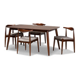 Aeron Mid-Century Modern Light Gray Fabric Upholstered Walnut Finished Wood 5-Piece Dining Set