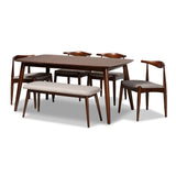 Aeron Mid-Century Modern Light Gray Fabric Upholstered Walnut Finished Wood 6-Piece Dining Set