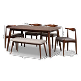 Baxton Studio Aeron Mid-Century Modern Light Gray Fabric Upholstered Walnut Finished Wood 6-Piece Dining Set