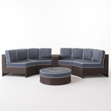 Madras Zanzibar Outdoor 4 Seater Wicker Curved Sectional Set with Ice Bucket Ottoman, Brown and Navy Blue