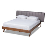 Brita Mid-Century Modern Grey Fabric Upholstered Walnut Finished Wood Queen Size Bed