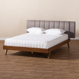 Baxton Studio Brita Mid-Century Modern Grey Fabric Upholstered Walnut Finished Wood Queen Size Bed