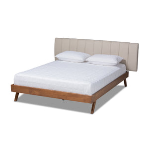 Baxton Studio Brita Mid-Century Modern Light Beige Fabric Upholstered Walnut Finished Wood Queen Size Bed