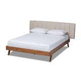 Brita Mid-Century Modern Light Beige Fabric Upholstered Walnut Finished Wood King Size Bed