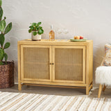 Gwendolyn Boho Handcrafted 2 Door Mango Wood Cabinet with Wicker Caning, Natural Noble House