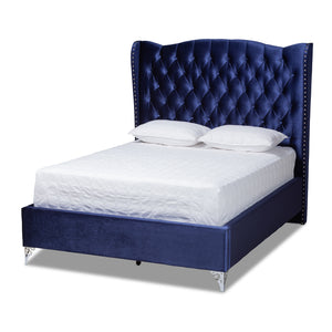 Baxton Studio Hanne Glam and Luxe Purple Blue Velvet Fabric Upholstered King Size Wingback Bed