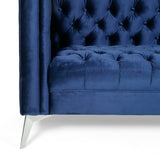 Galvin Contemporary Tufted Velvet 3 Seater Sofa, Midnight Blue and Silver Noble House