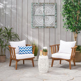 Palmo Outdoor Acacia Wood 2 Seater Club Chairs and Side Table Set, Teak and White Noble House