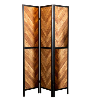 Country Rustic Herringbone Pattern 3-Panel Screen Rustic Tobacco and Black