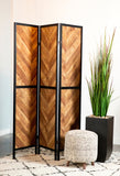 Country Rustic Herringbone Pattern 3-Panel Screen Rustic Tobacco and Black