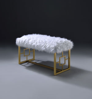 Bagley II Glam/Modern Bench (NO Storage) White Faux Fur (Faux Lamb Fur BA-5) • Gold Metal Base (Coating) 96451-ACME