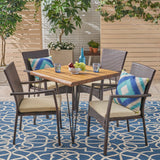 Tatum Outdoor Industrial Wood and Wicker 5 Piece Square Dining Set, Teak and Brown and Crème Noble House