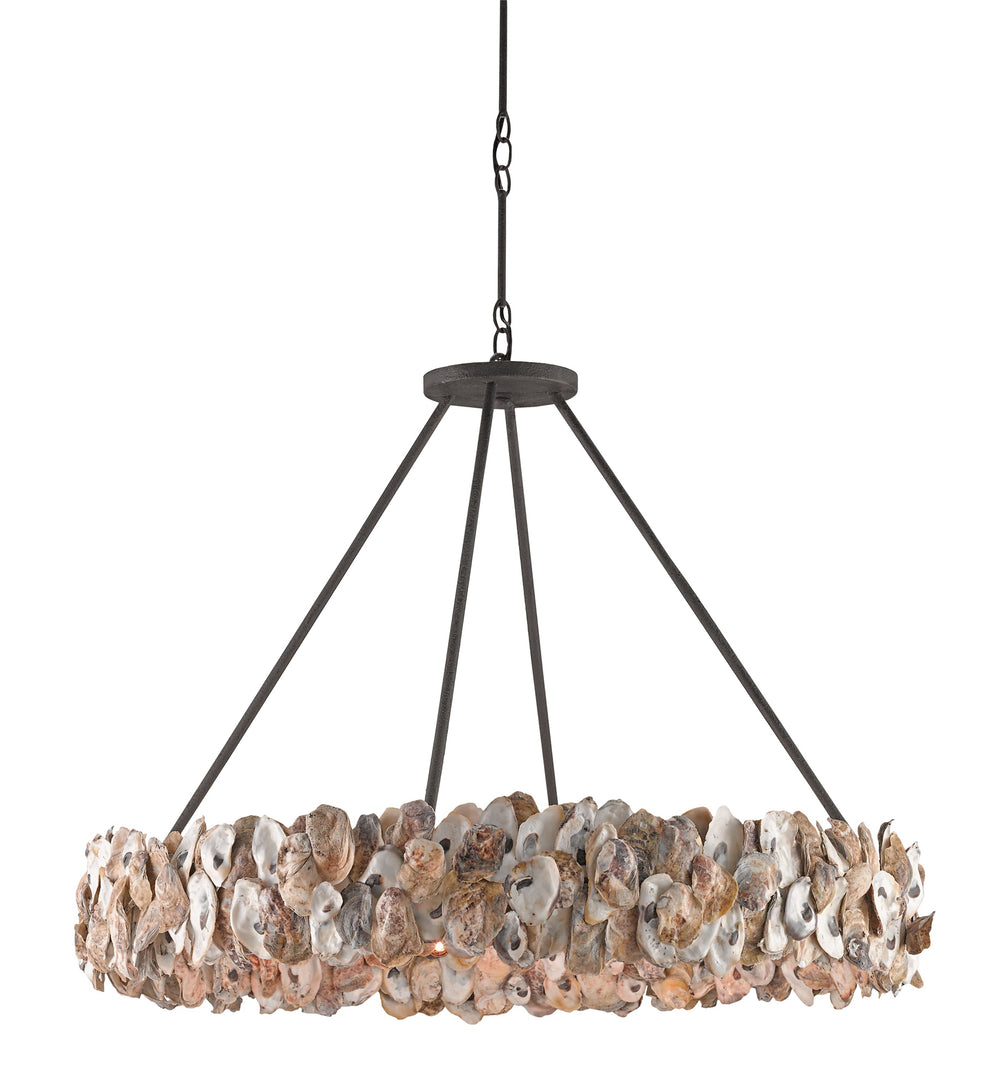 Oyster Chandelier – Rustic Wrought Iron & Natural Shells, Adjustable Height, Seaside Elegance Light Fixture