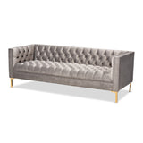 Zanetta Glam and Luxe Gray Velvet Upholstered Gold Finished Sofa