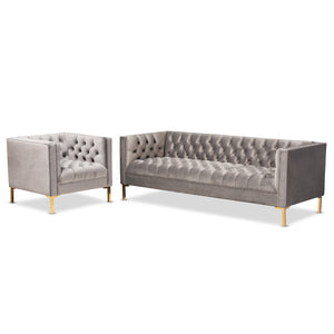 Baxton Studio Zanetta Glam and Luxe Gray Velvet Upholstered Gold Finished 2-Piece Sofa and Lounge Chair Set