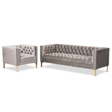 Zanetta Glam and Luxe Gray Velvet Upholstered Gold Finished 2-Piece Sofa and Lounge Chair Set