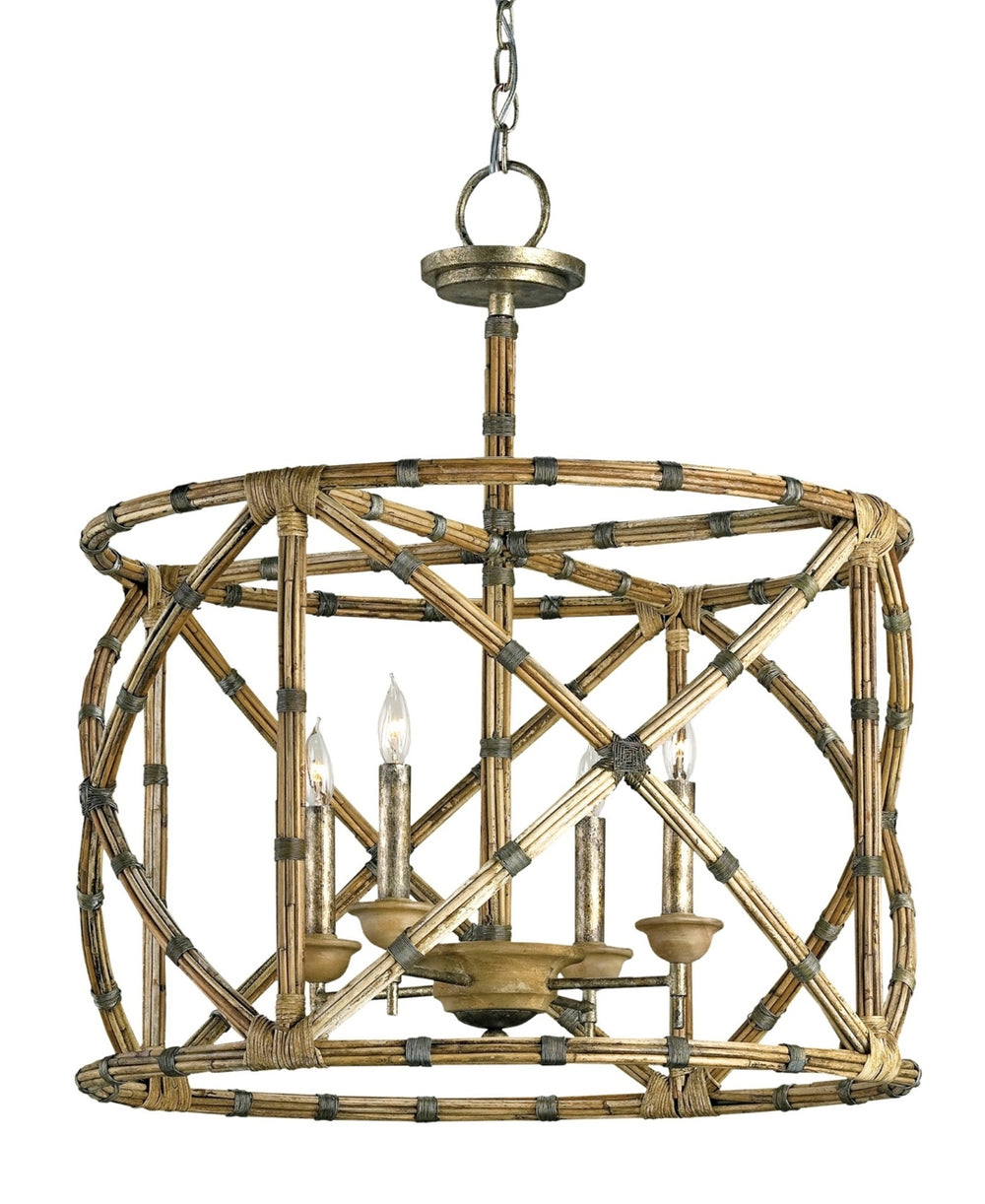 Palm Beach Lantern: Elegant Pyrite Bronze Chandelier with Natural Arurog & Wrought Iron Design 28”