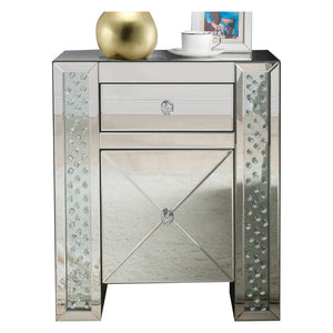 Nysa Glam/Modern Accent Table Mirrored • 4mm Clear Glass Top • Faux Crystals (Acrylic) 97026-ACME