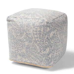 Baxton Studio Juvita Modern and Contemporary Ivory and Blue Handwoven Cotton Paisley Pouf Ottoman