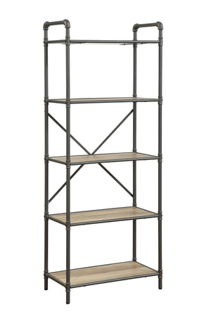 Itzel Industrial Bookshelf (5-Shelves) Antique Oak (#53014) • Sandy Gray Metal, Powder Coating • Hand Brushed Contrast Accent (BJL3123, Powder Coating & Hand Brush Accent) … Qte color code with Sand Black & Sand Gray both same color code!! 97164-ACME