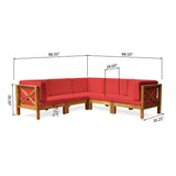Brava Outdoor Acacia Wood 5 Seater Sectional Sofa Set with Water-Resistant Cushions, Teak and Red Noble House