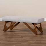 Baxton Studio Rika Mid-Century Modern Greyish Beige Fabric Upholstered Walnut Brown Finished Boomerang Bench